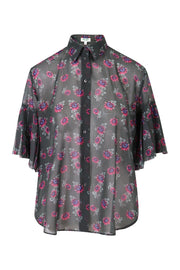 Passion Flower Shirt Women Fashion Kenzo Paris Polyester Ruffled-Sleeve Semi-Transparent Stylish Top