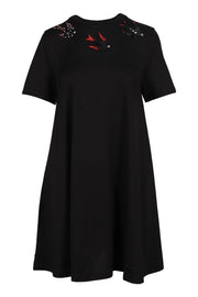 Embellished Swallow Dress Cotton Crew Neck Short Sleeves Casual Midi Dress