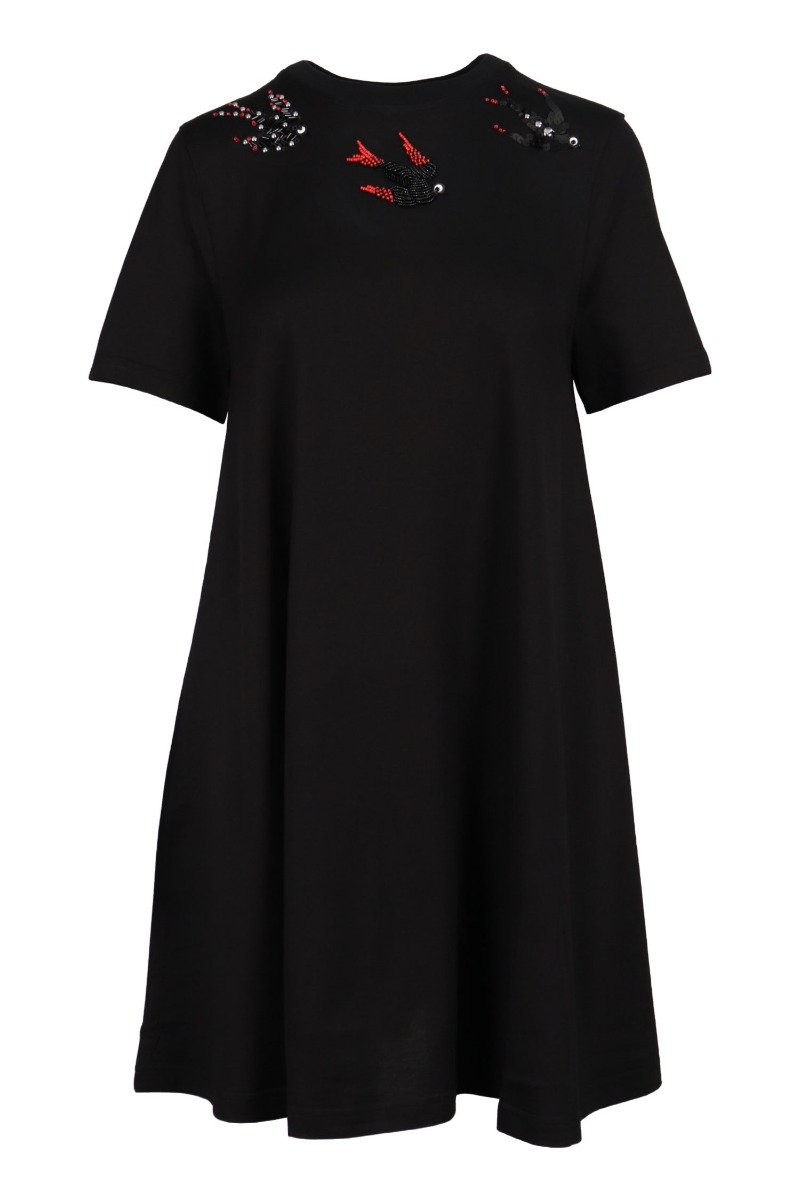 Embellished Swallow Dress Cotton Crew Neck Short Sleeves Casual Midi Dress