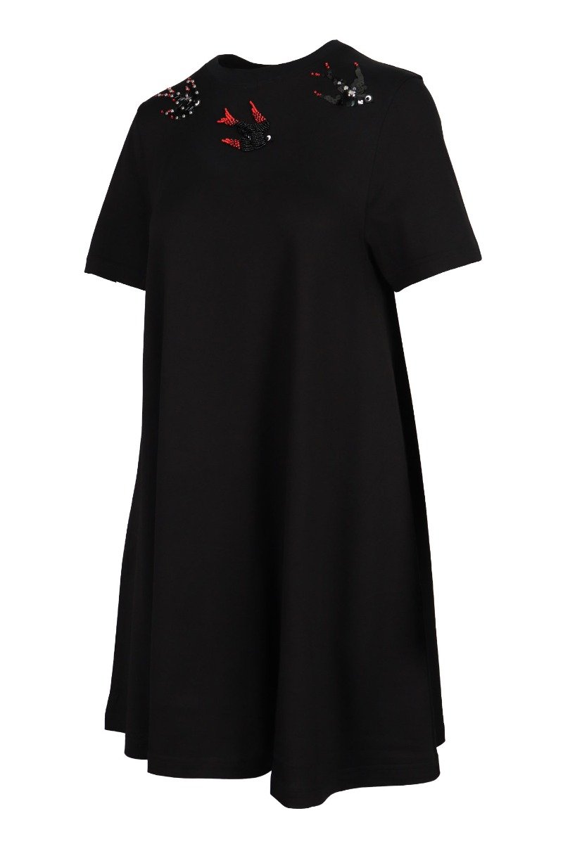 Embellished Swallow Dress Cotton Crew Neck Short Sleeves Casual Midi Dress
