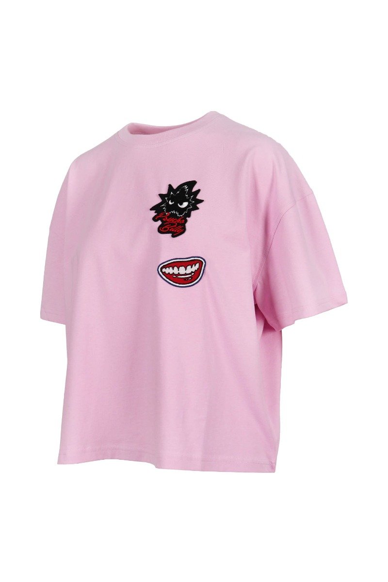 Monster Badges T-Shirt Women Fashion MCQ Cotton Short-Sleeve Cute Young Casual Pink