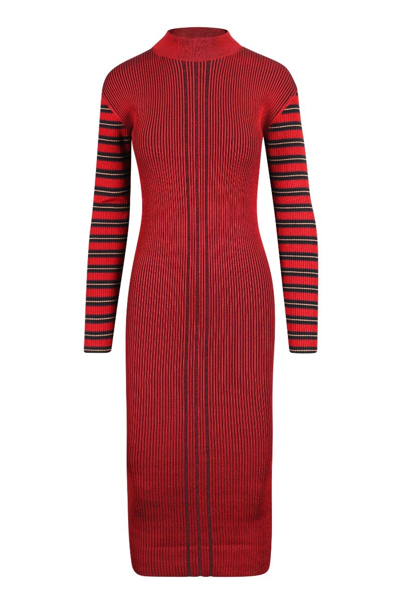 Striped Knit Dress Women Fashion MCQ Viscose Blend Long Sleeve Turtleneck Onepiece