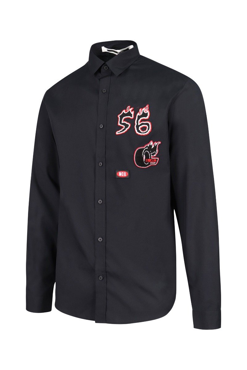 Varsity Badges Shirt MCQ Button Cotton Semi-Formal Fashion Chic Black