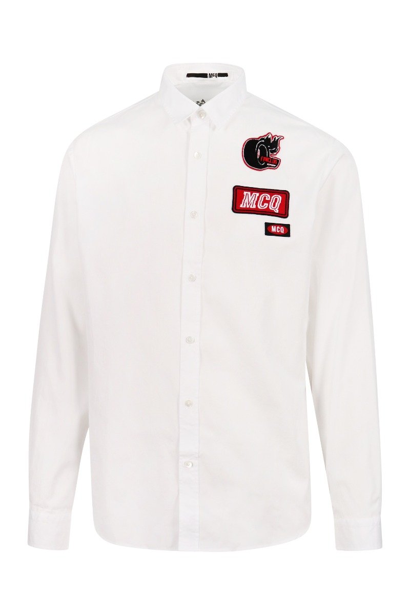 Varsity Badges Shirt MCQ Button Cotton Semi-Formal Fashion Chic White