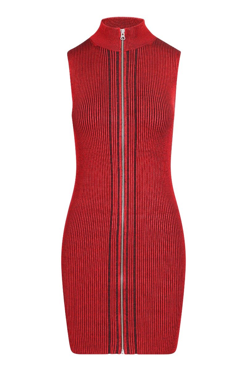 Striped Knit Dress Women Fashion MCQ Viscose Blend Sleeveless Zip Turtleneck Onepiece