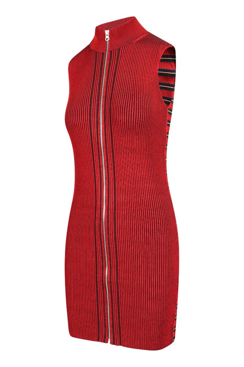Striped Knit Dress Women Fashion MCQ Viscose Blend Sleeveless Zip Turtleneck Onepiece