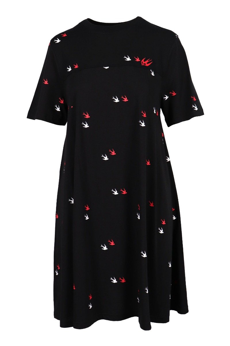 Deco Twin Swallow Dress Cotton Embroidery Casual Women Fashion Crew Neck