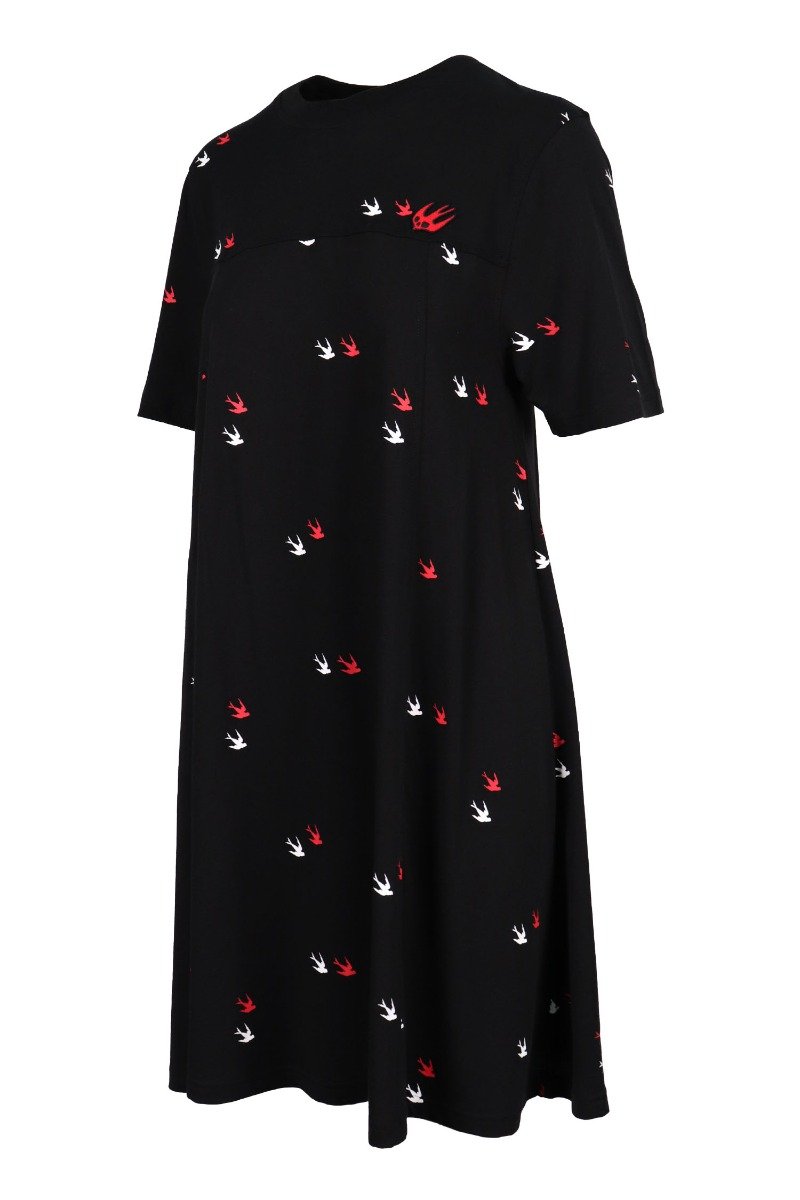 Deco Twin Swallow Dress Cotton Embroidery Casual Women Fashion Crew Neck