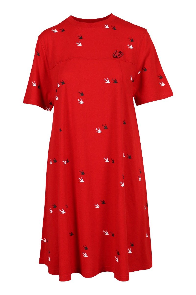 Deco Twin Swallow Dress Cotton Embroidery Casual Women Fashion Crew Neck