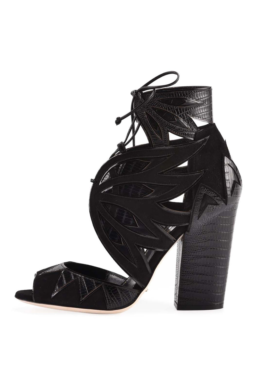 Yvette Ankle Sandal Geometry Designed Fashion Unique Black Patent High Heeled Lace Suede Sergio Rossi