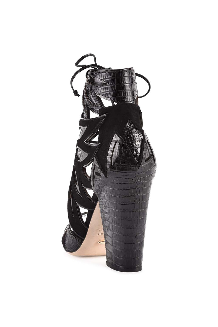 Yvette Ankle Sandal Geometry Designed Fashion Unique Black Patent High Heeled Lace Suede Sergio Rossi