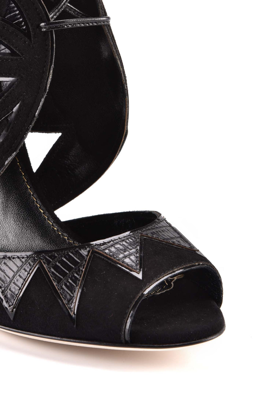 Yvette Ankle Sandal Geometry Designed Fashion Unique Black Patent High Heeled Lace Suede Sergio Rossi