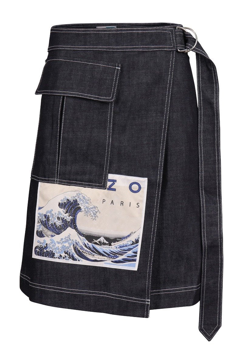 Kanagawa Wave Denim Skirt Kenzo Cotton Skirt Belt on waist casual fashion
