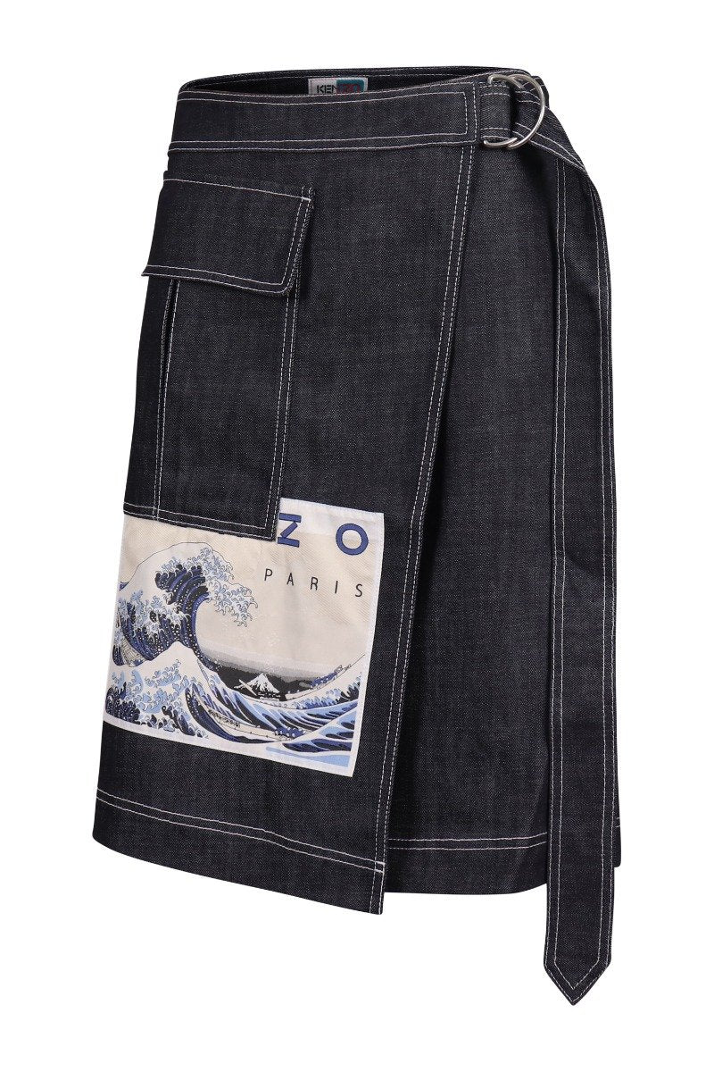 Kanagawa Wave Denim Skirt Kenzo Cotton Skirt Belt on waist casual fashion