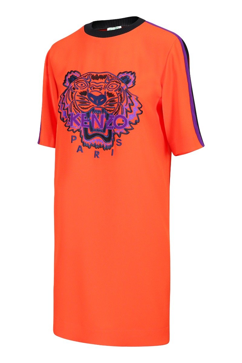Tiger Crepe Dress Women Fashion Kenzo Paris Triacetate Blend Casual Onepiece Mid-Length Sleeves