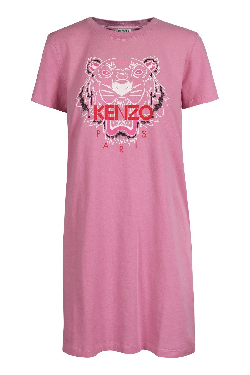 Bleached Tiger T-Shirt Dress Crew Neck Short Sleeves Pink Kenzo Paris