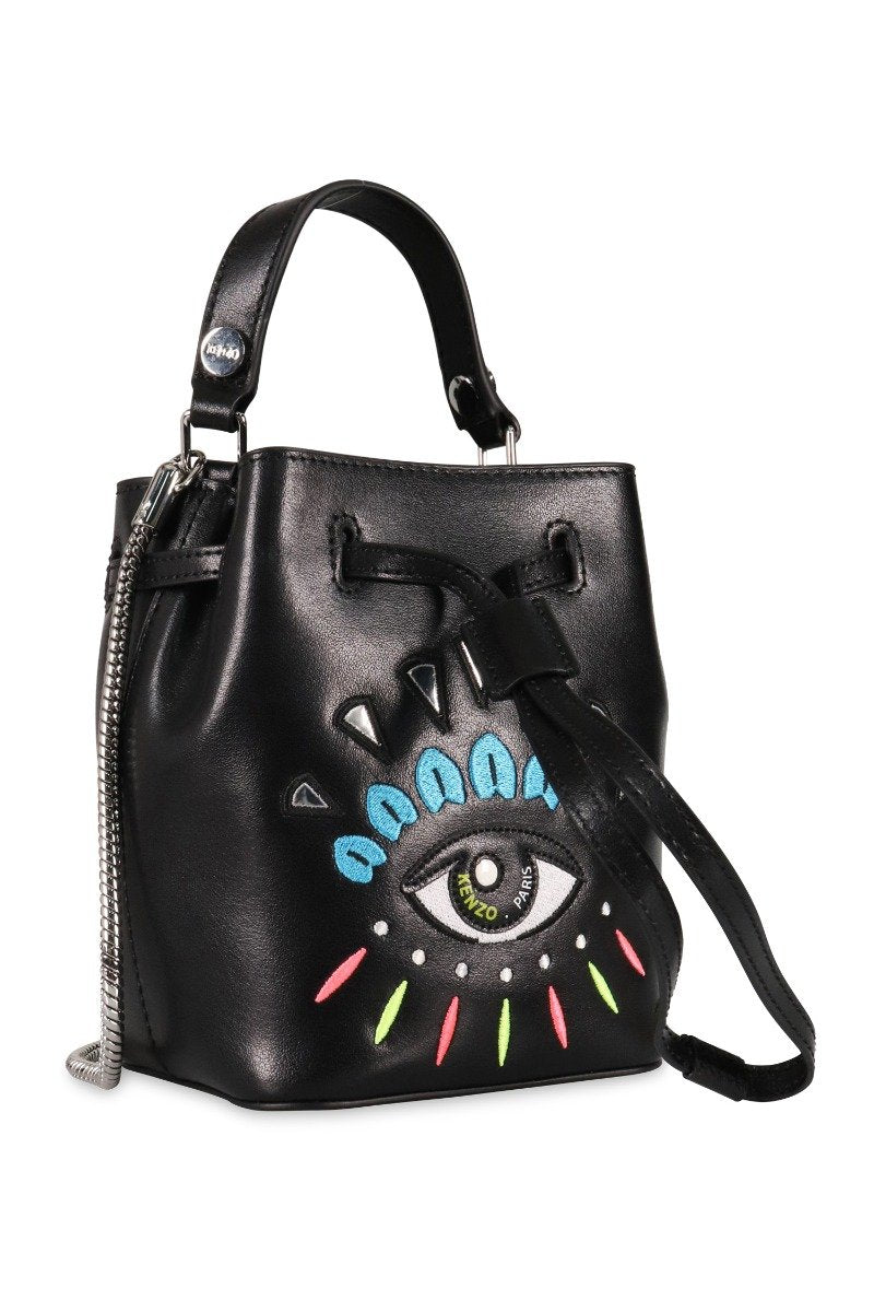 Eye Bucket Bag Kenzo Paris Black Embroidery Fashion Calf Leather