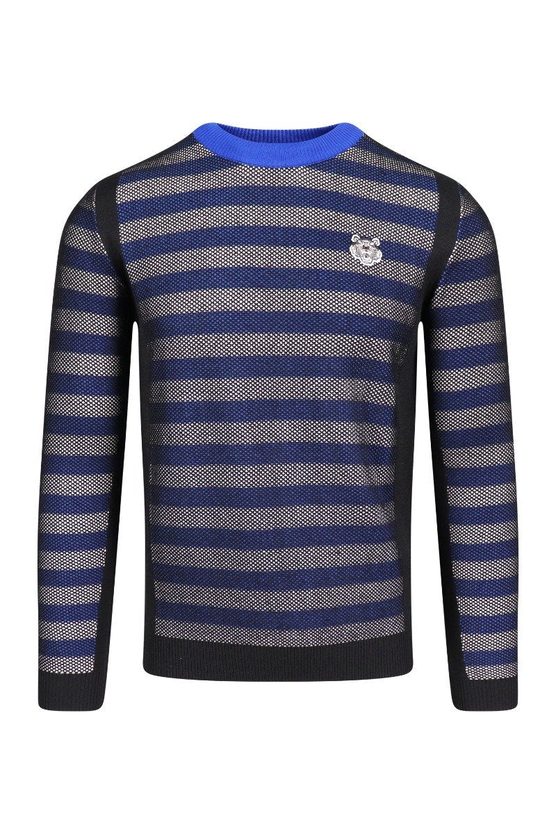 Tiger Striped Mesh Sweater Viscose Blend Marled Jersey Long Sleeve Men Fashion Stylish