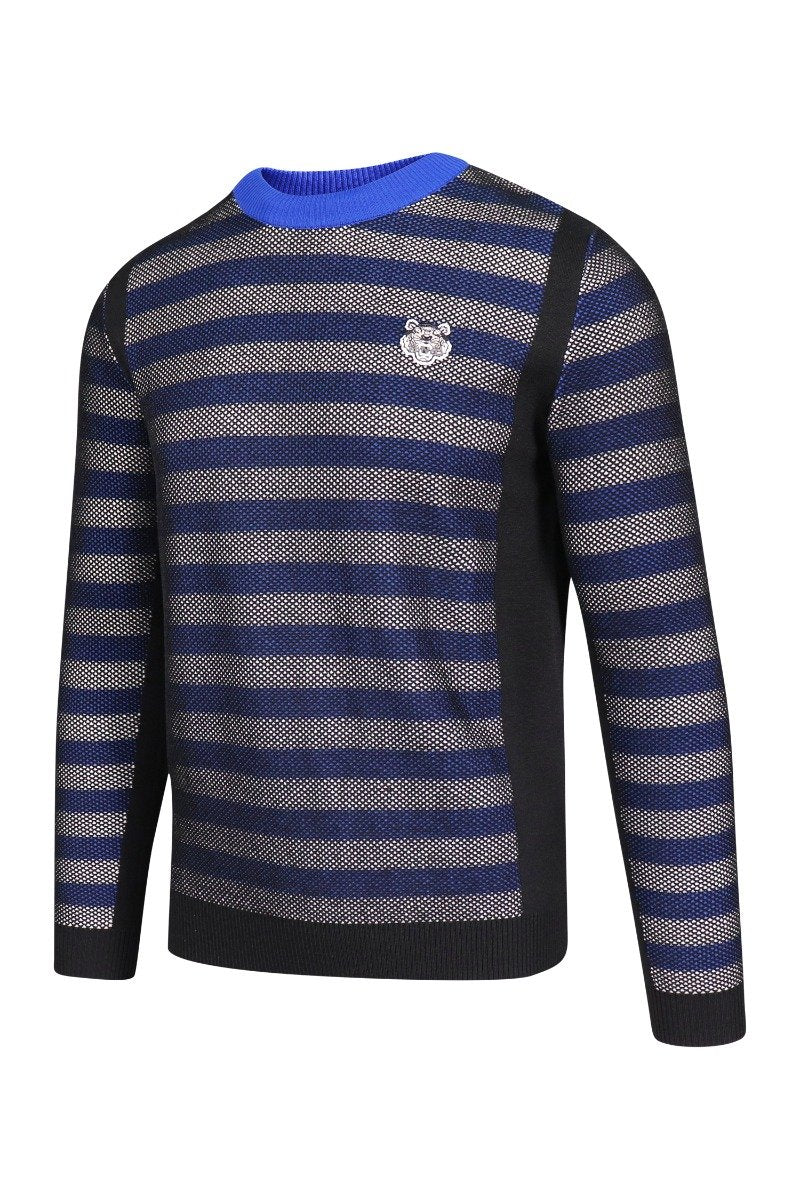 Tiger Striped Mesh Sweater Viscose Blend Marled Jersey Long Sleeve Men Fashion Stylish