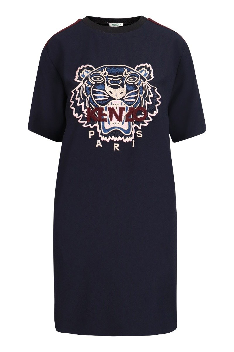 Tiger Crepe Dress Women Fashion Kenzo Paris Triacetate Blend Casual Onepiece Mid-Length Sleeves