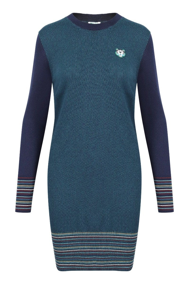 Tiger Knit Dress Women Fashion Kenzo Paris Wool Blend Long Sleeve Onepiece Casual