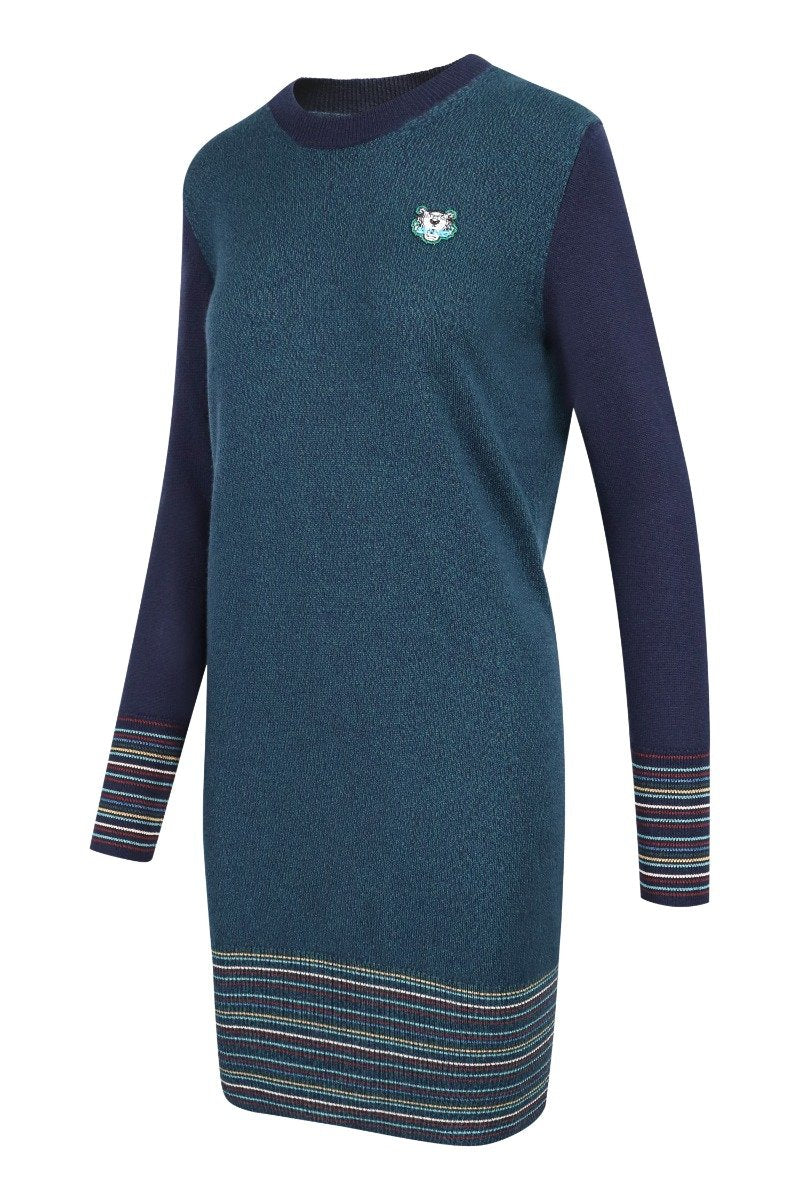Tiger Knit Dress Women Fashion Kenzo Paris Wool Blend Long Sleeve Onepiece Casual
