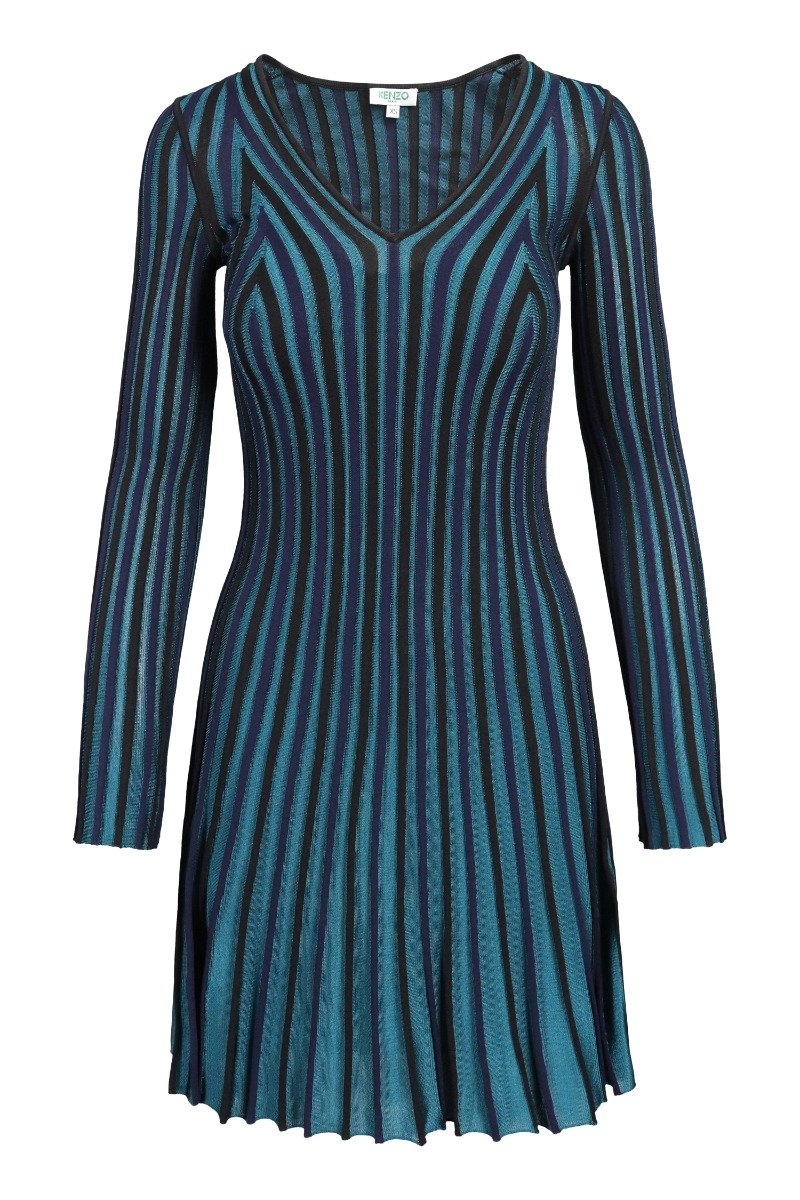 Pleated Knit Dress Women Fashion Kenzo Paris Viscose Blend Long Sleeve Onepiece Classic