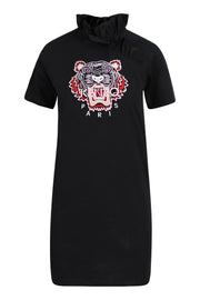 Tiger Ruffled Collar Dress Women Fashion Short Sleeve Onepiece Casual Cotton