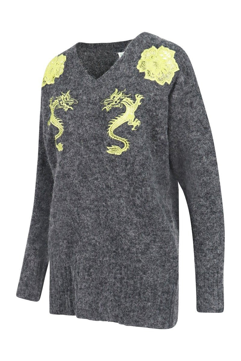Dragon Sweater V Neck Embroidery Kenzo Paris Dragon Unisex Men Women