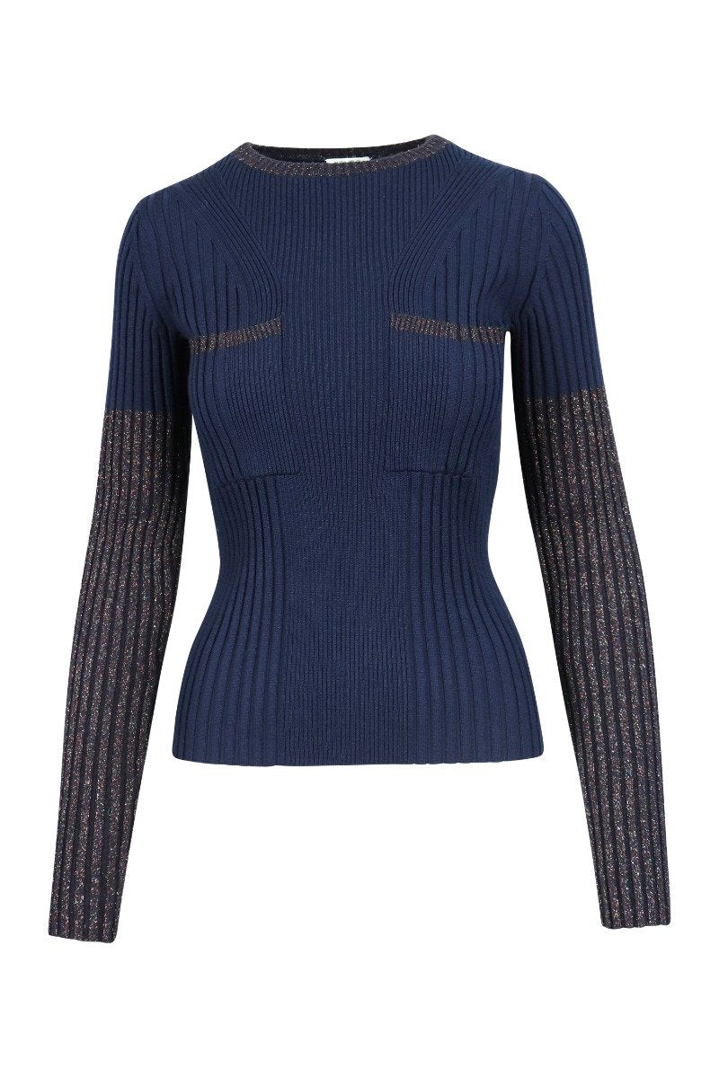 Wool Blend Sweater Shimmering Women Round Neck Designed Patch Pockets Long Sleeve Kenzo Paris