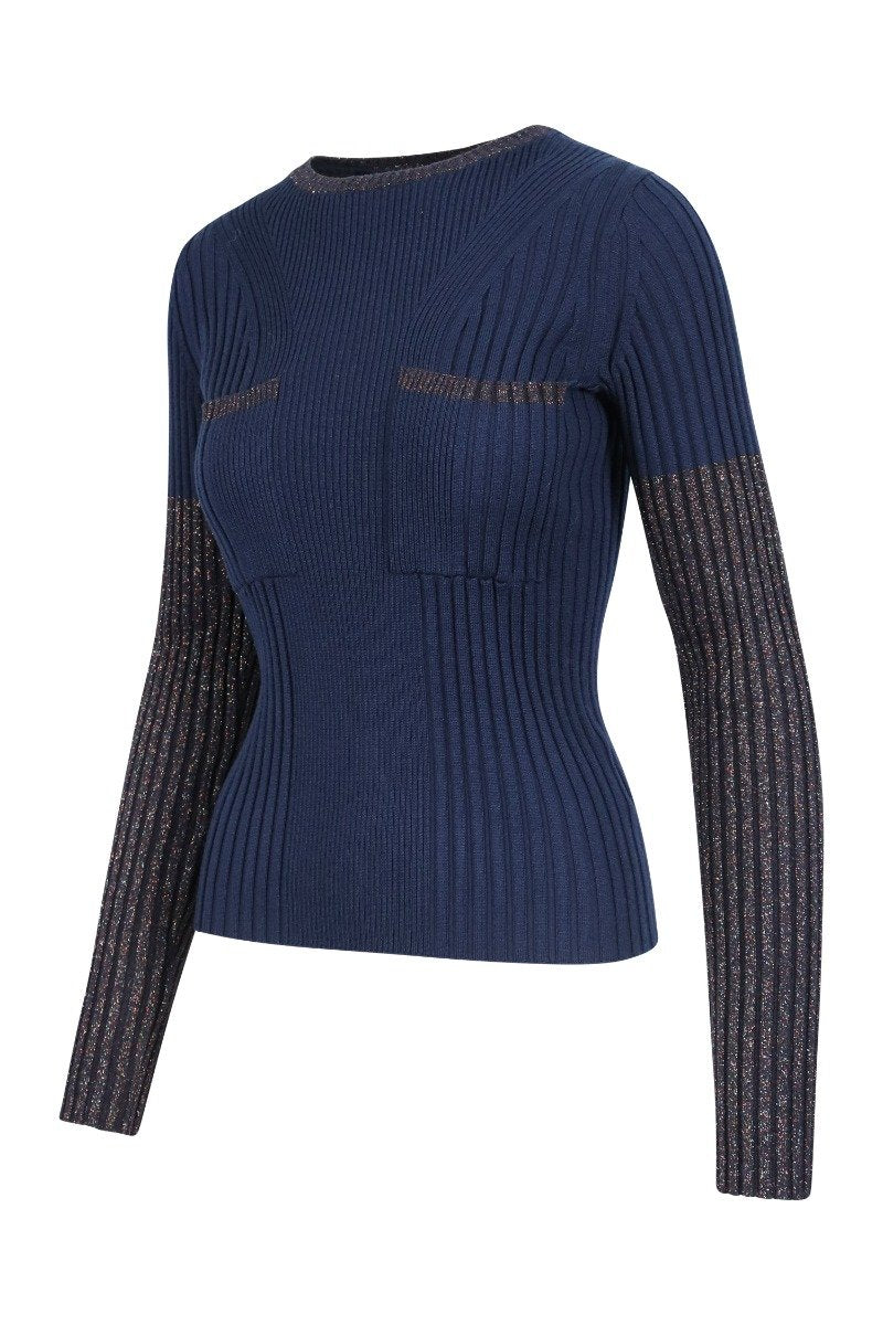 Wool Blend Sweater Shimmering Women Round Neck Designed Patch Pockets Long Sleeve Kenzo Paris