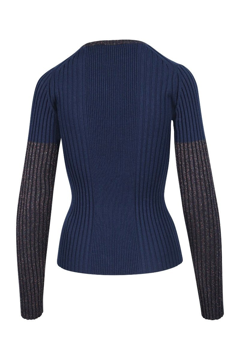 Wool Blend Sweater Shimmering Women Round Neck Designed Patch Pockets Long Sleeve