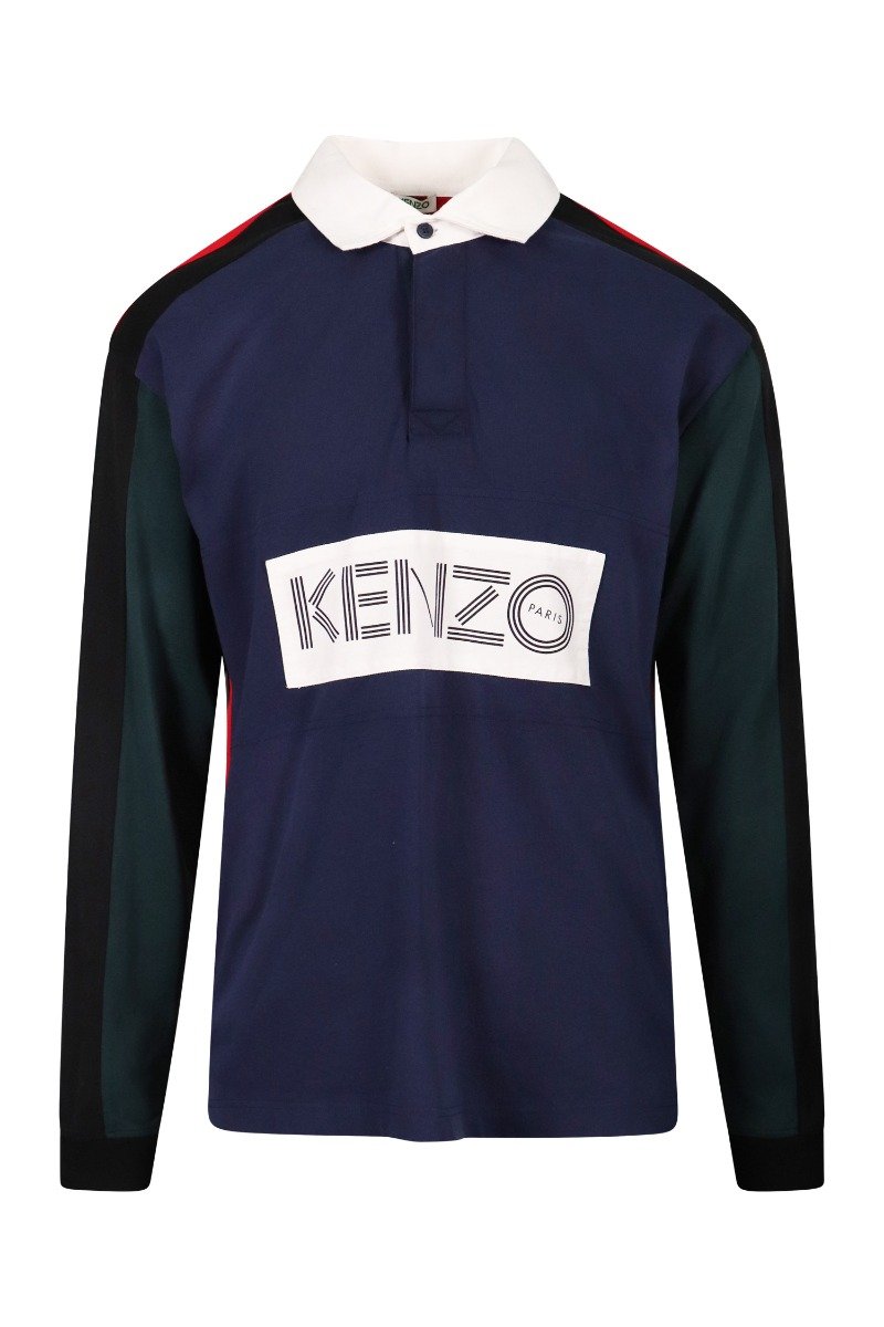 Kenzo Logo Colourblock Polo Long Sleeve Cotton Big Wording Casual