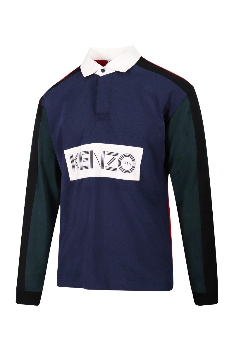 Kenzo Logo Colourblock Polo Long Sleeve Cotton Big Wording Casual