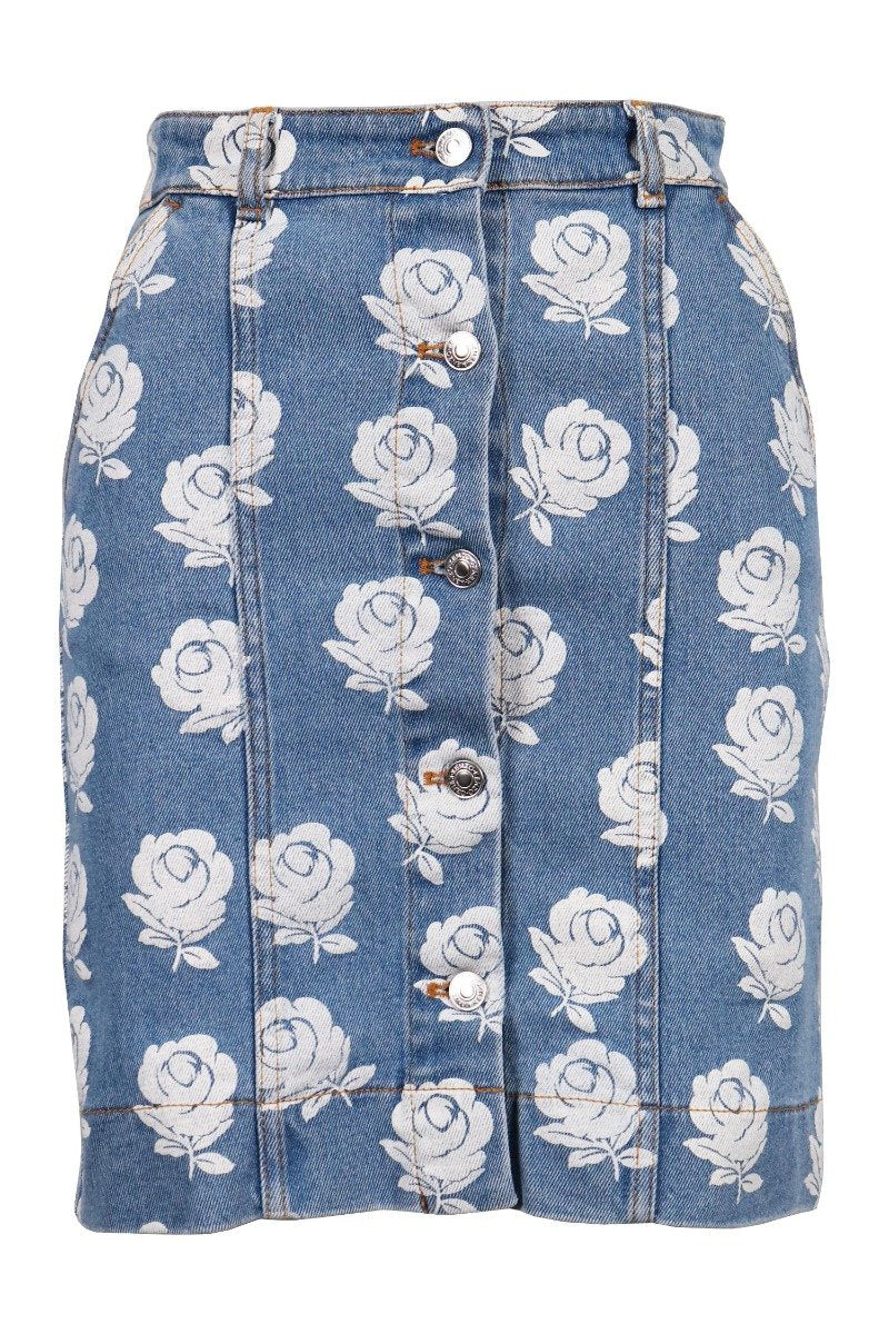 White Roses Denim Skirt Kenzo Paris Cotton Button Cotton Blend Designed Women Casual Fashion
