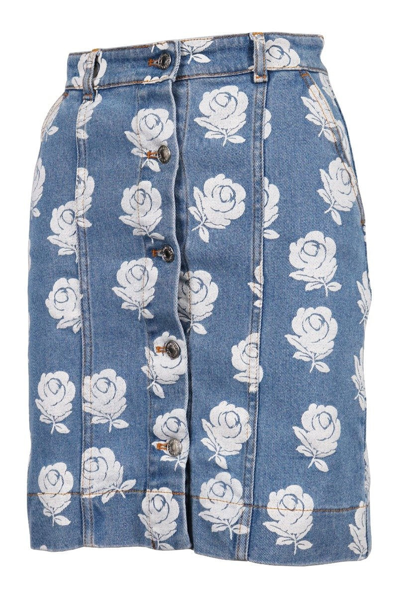 White Roses Denim Skirt Kenzo Paris Cotton Button Cotton Blend Designed Women Casual Fashion