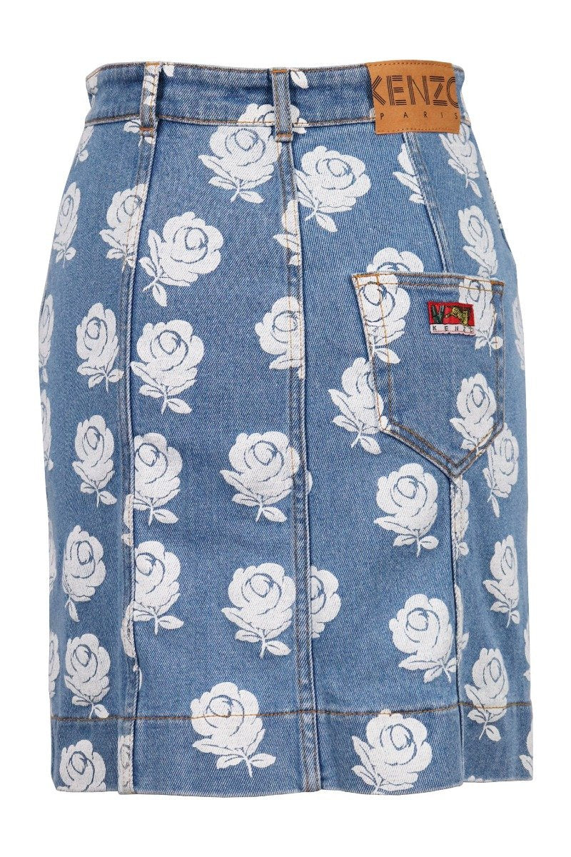 White Roses Denim Skirt Kenzo Paris Cotton Button Cotton Blend Designed Women Casual Fashion
