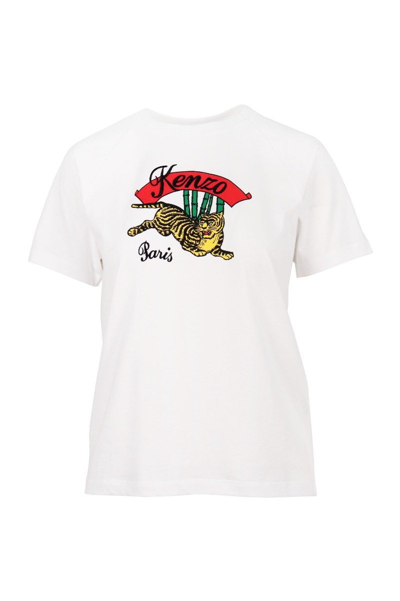 Bamboo Tiger T-Shirt Cotton Crew Neck Kenzo Paris Embroidery Logo Basic Casual