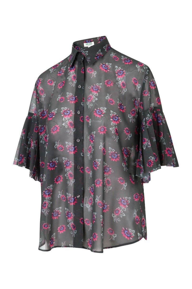 Passion Flower Shirt Women Fashion Kenzo Paris Polyester Ruffled-Sleeve Semi-Transparent Stylish Top