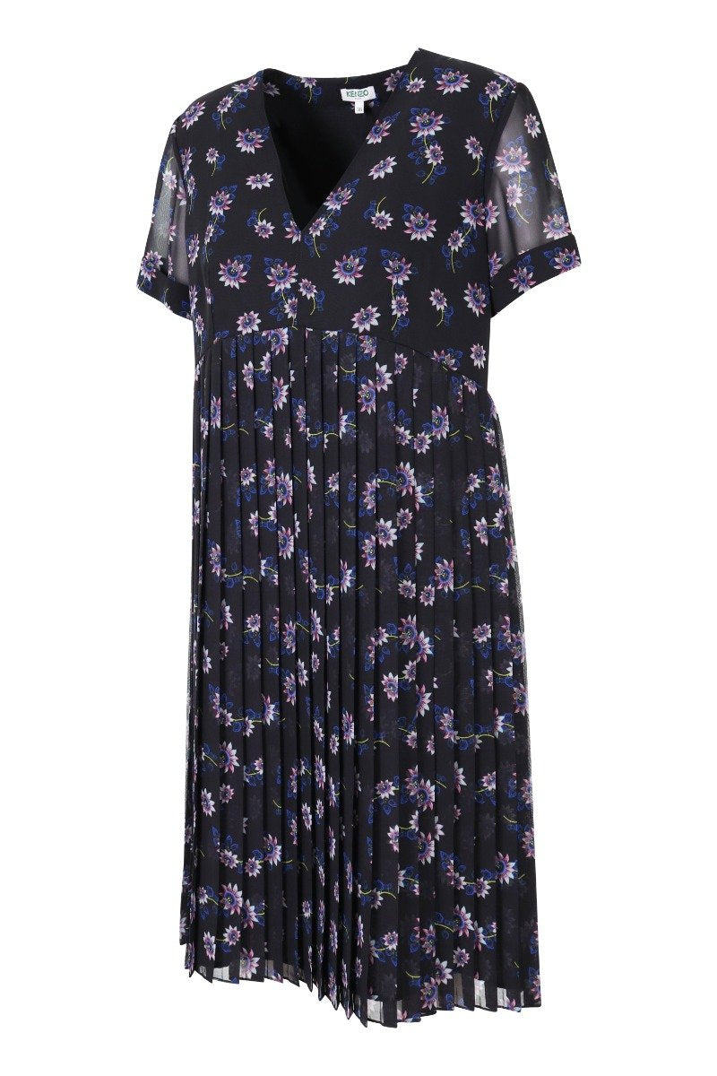 Passion Flower Dress Women Fashion Kenzo Paris Polyester Short-Sleeve Pleated Onepiece