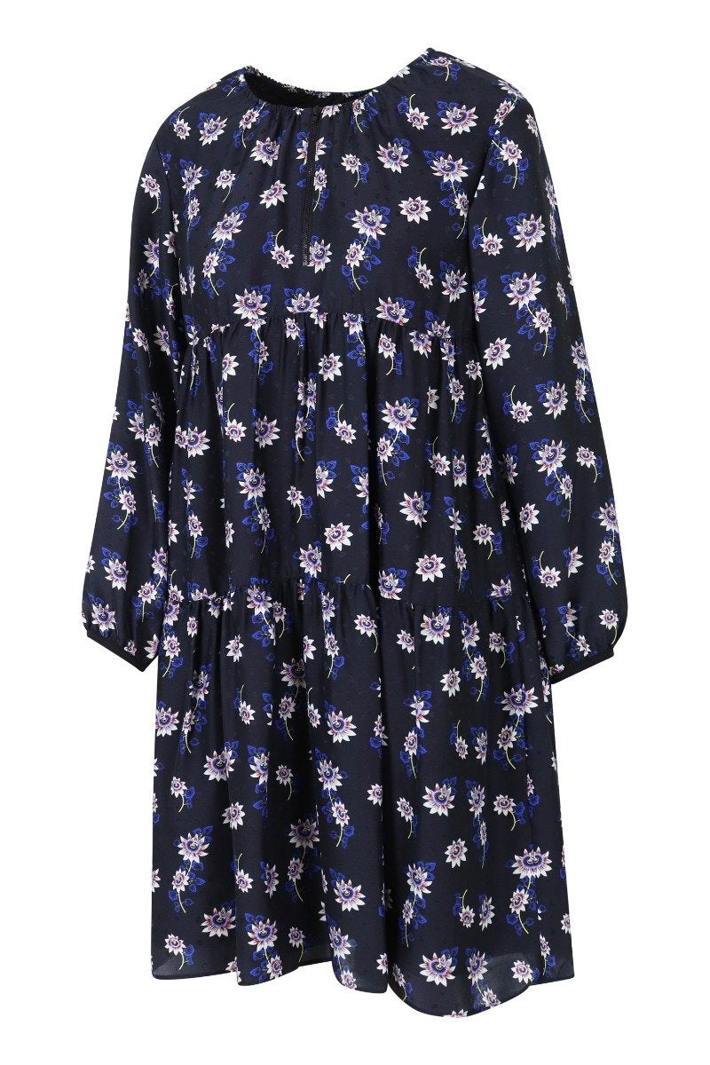 Passion Flower Silk Dress Women Fashion Kenzo Paris Long-Sleeve Onepiece Stylish 