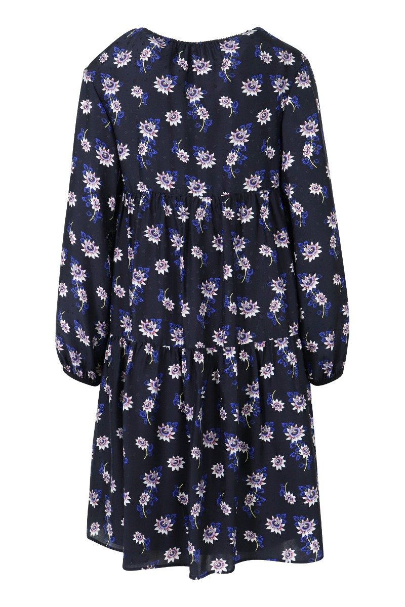 Passion Flower Silk Dress Women Fashion Kenzo Paris Long-Sleeve Onepiece Stylish 