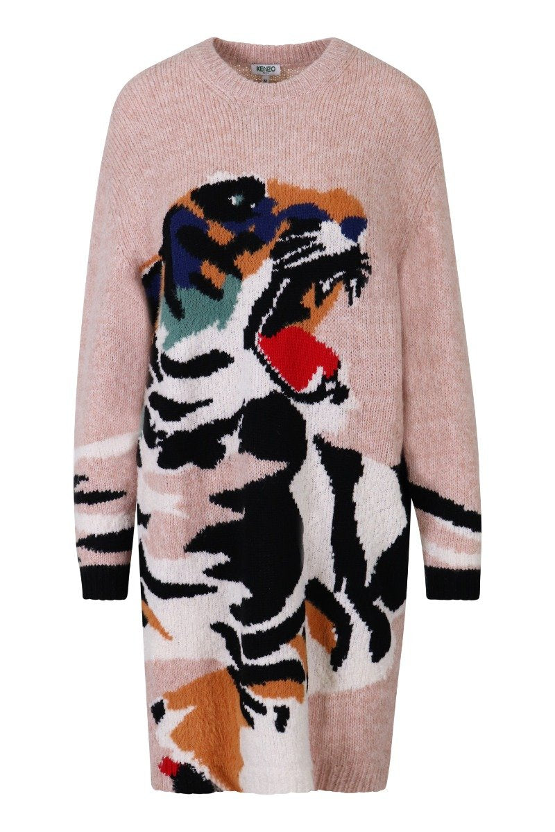 Tiger Head Sweater Dress Women Fashion Kenzo Paris Polyamide Blend Long Sleeve Casual Onepiece