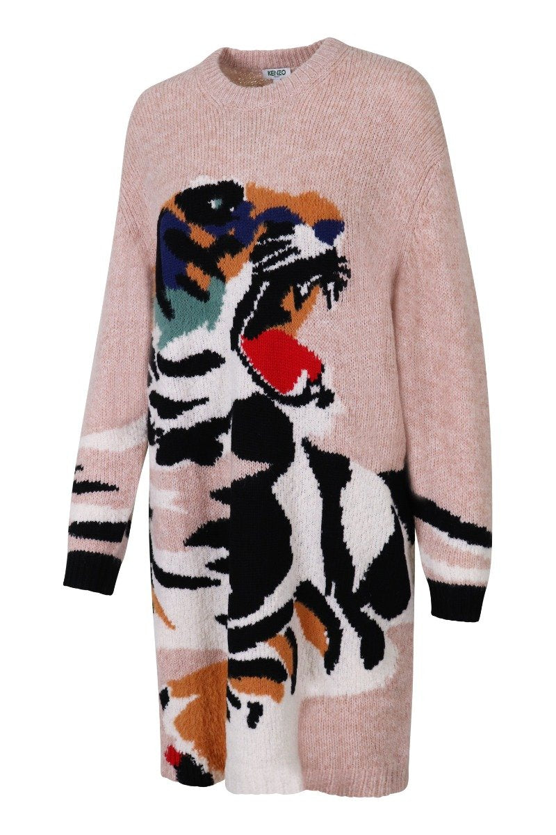 Tiger Head Sweater Dress Women Fashion Kenzo Paris Polyamide Blend Long Sleeve Casual Onepiece