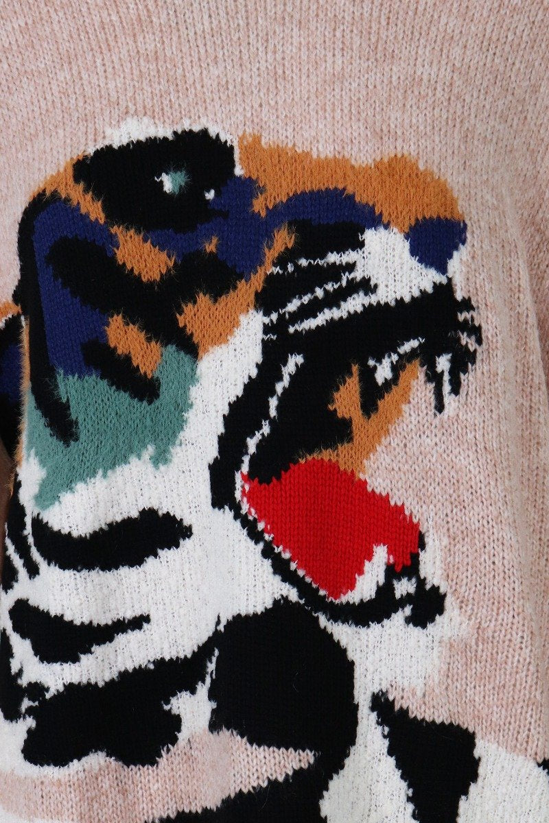 Tiger Head Sweater Dress Women Fashion Kenzo Paris Polyamide Blend Long Sleeve Casual Onepiece