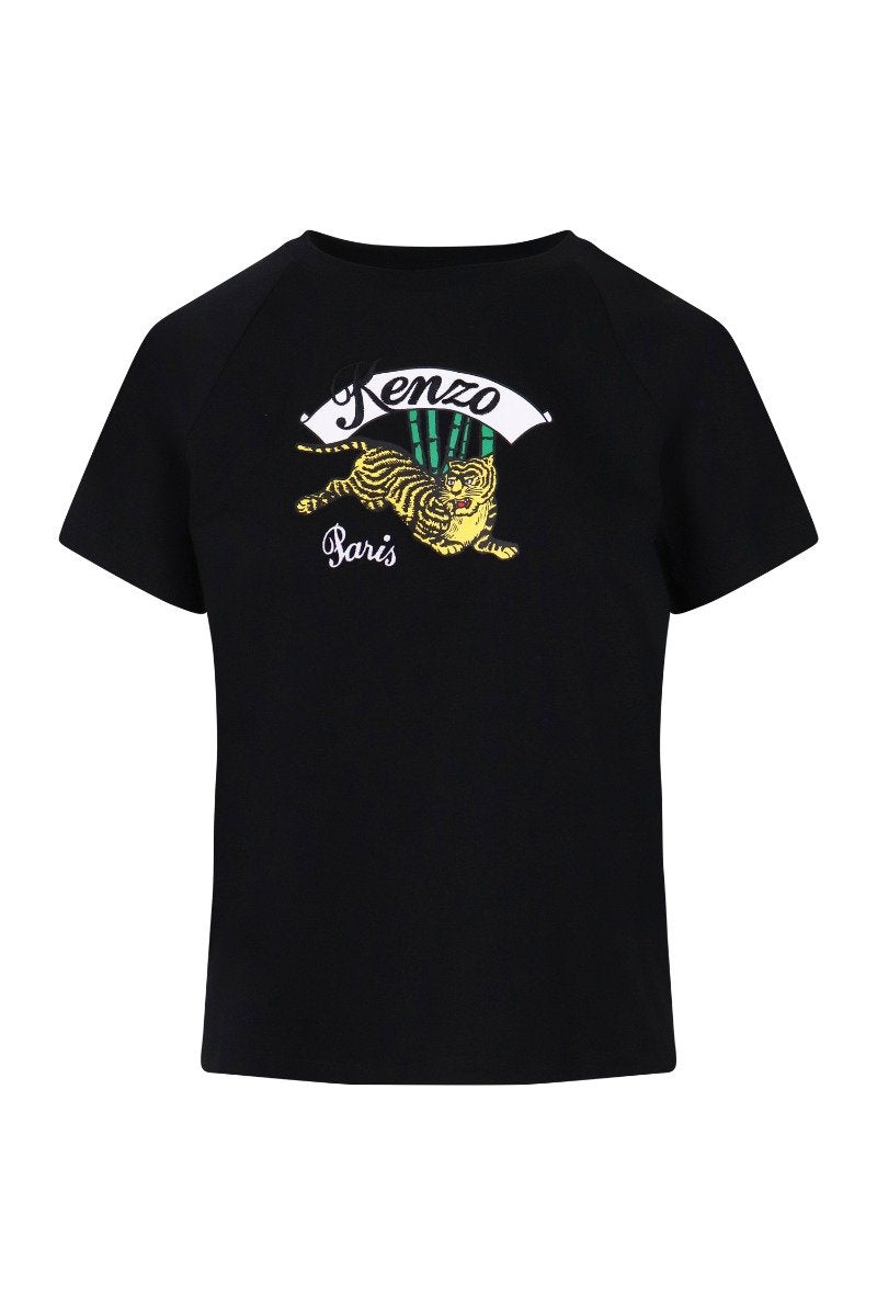 Bamboo Tiger T-Shirt Cotton Crew Neck Kenzo Paris Embroidery Logo Basic Casual