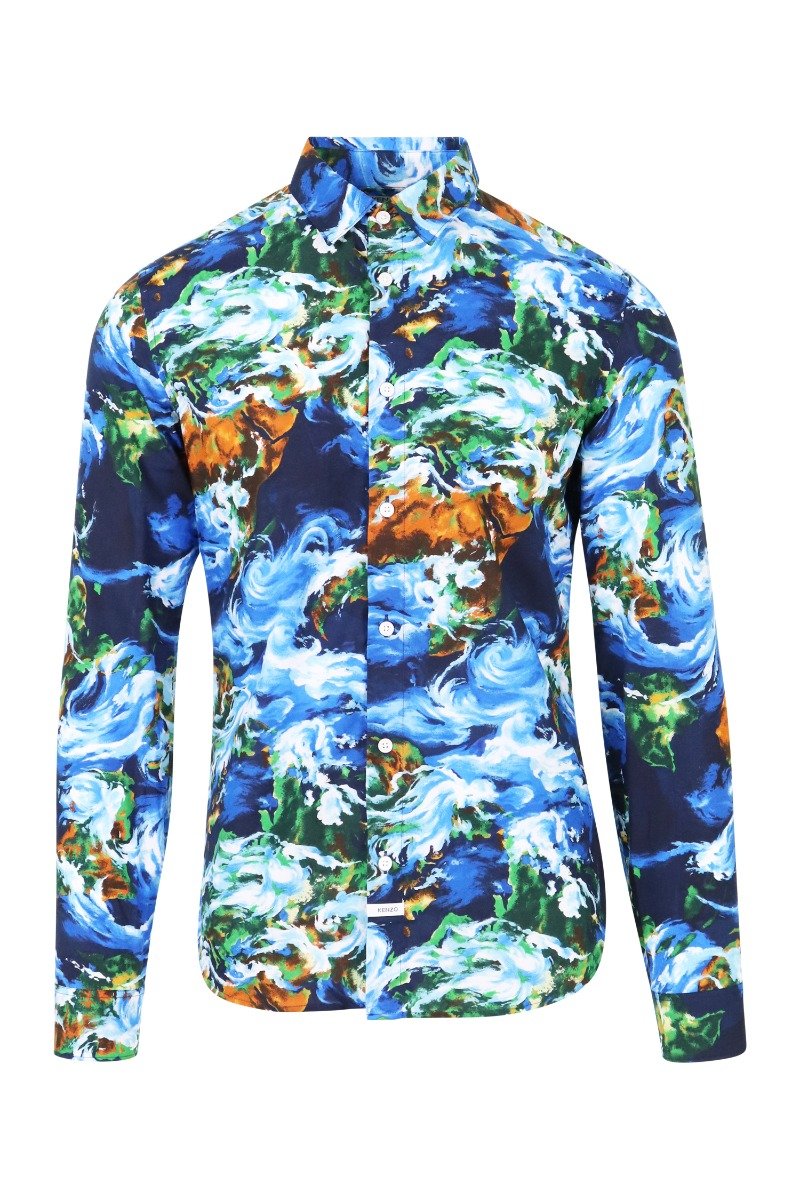 Kenzo World Shirt Men Fashion Kenzo Paris Cotton Long-Sleeve Slim-Fit Colorful Stylish