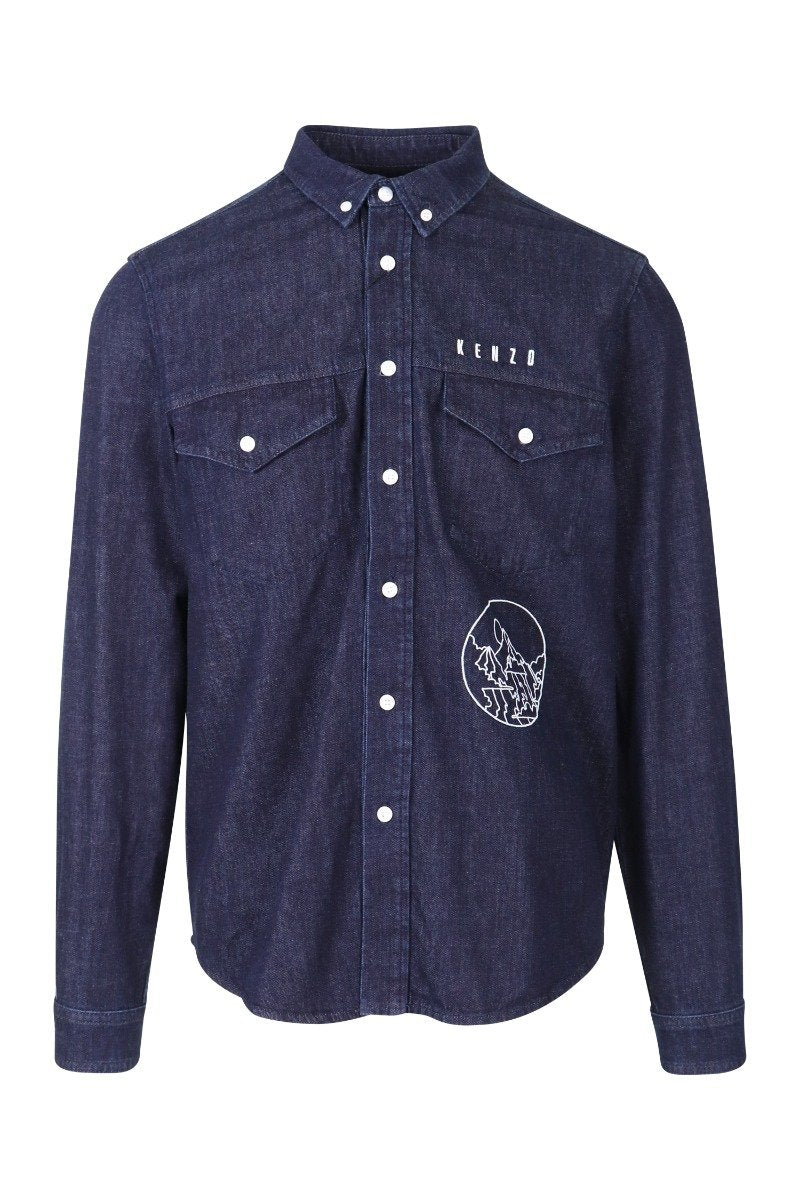 Kenzo Mountain Denim Shirt Men Fashion Long-Sleeve Cotton Casual Trendy Outwear