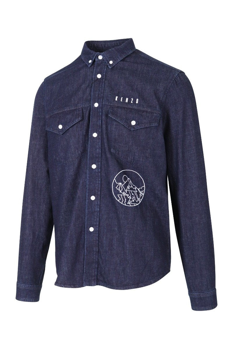 Kenzo Mountain Denim Shirt Men Fashion Long-Sleeve Cotton Casual Trendy Outwear