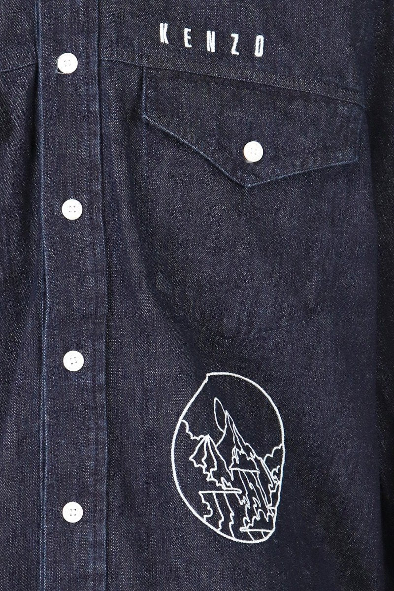Kenzo Mountain Denim Shirt Men Fashion Long-Sleeve Cotton Casual Trendy Outwear